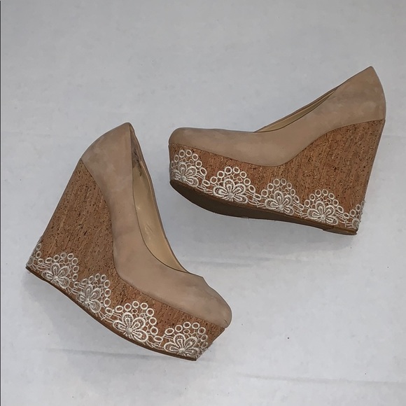 Gianni Bini Shoes - Gianni bini lace scallop nude tan wedges